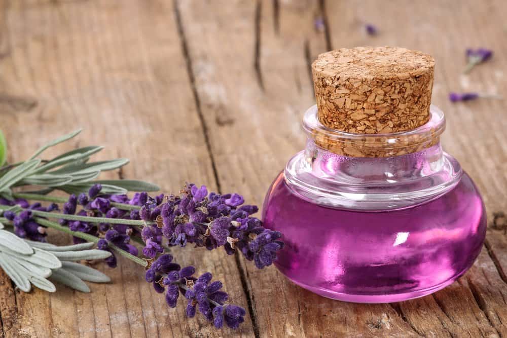 Hojas de lavanda y aceite en la mesa de madera