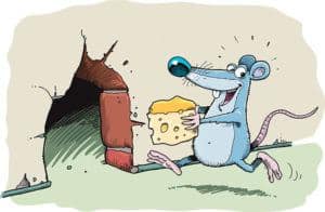 Un ratón de dibujos animados está robando queso y corriendo a su casa