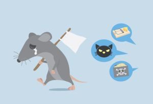 Rata levanta una bandera blanca para darse por vencido con la manera de deshacerse de la rata por la propiedad de la casa
