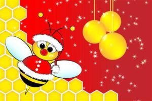 A cartoon Santa Claus Bee in a beehive with golden balls.