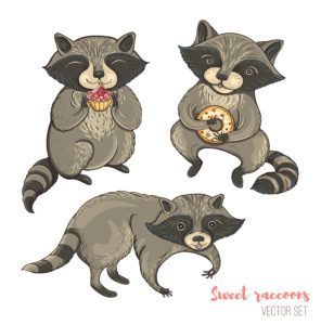 Un conjunto de personajes lindos dibujos animados mapaches con tortas y galletas.