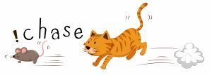 Un gato jengibre está persiguiendo una ilustración del ratón